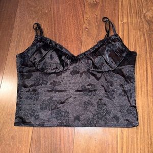 LA Hearts Satin Black Tank with side zip and butterfly & flower prints.